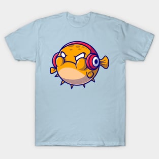 Cute Puffer Fish Angry And Wearing Headphone Cartoon T-Shirt